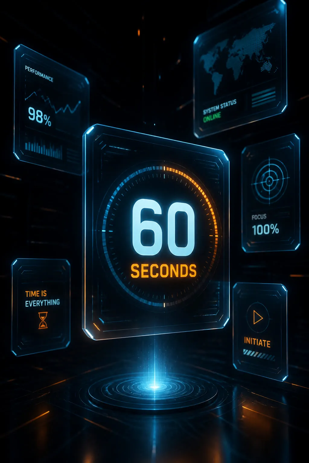 3D Interface: Des panneaux 3D futuristes qui flottent dans le noir autour d'un message central.