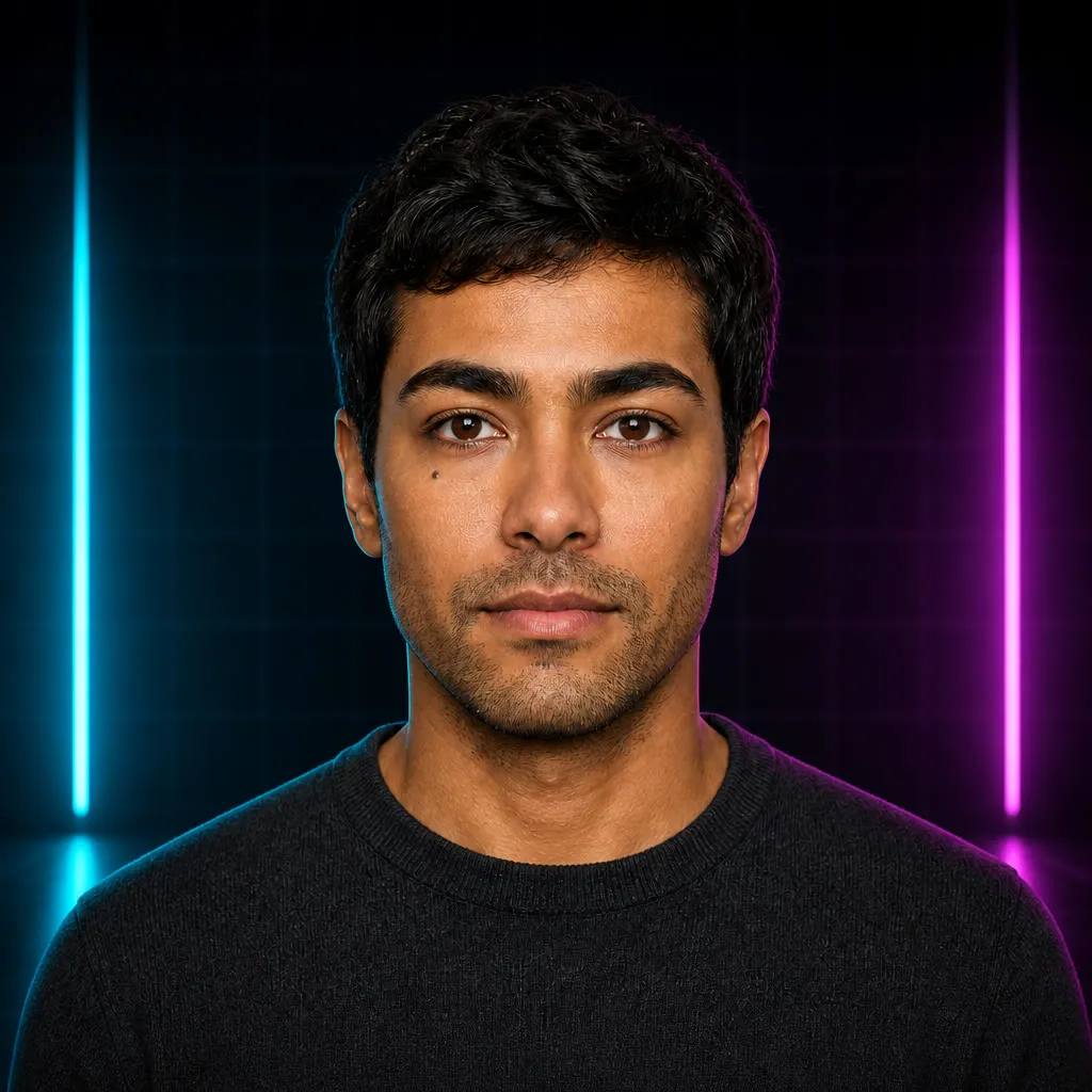 Tech: Fond sombre, néons cyan et violet, trame discrète.